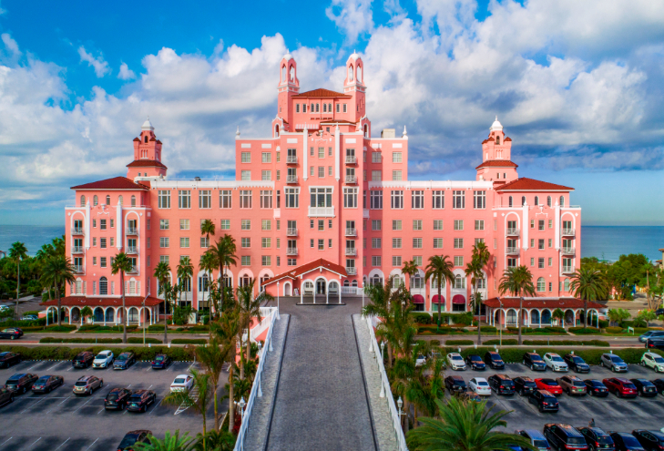 a pink building with palm trees and Don CeSar