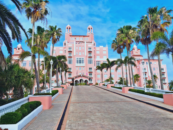 a pink building with palm trees