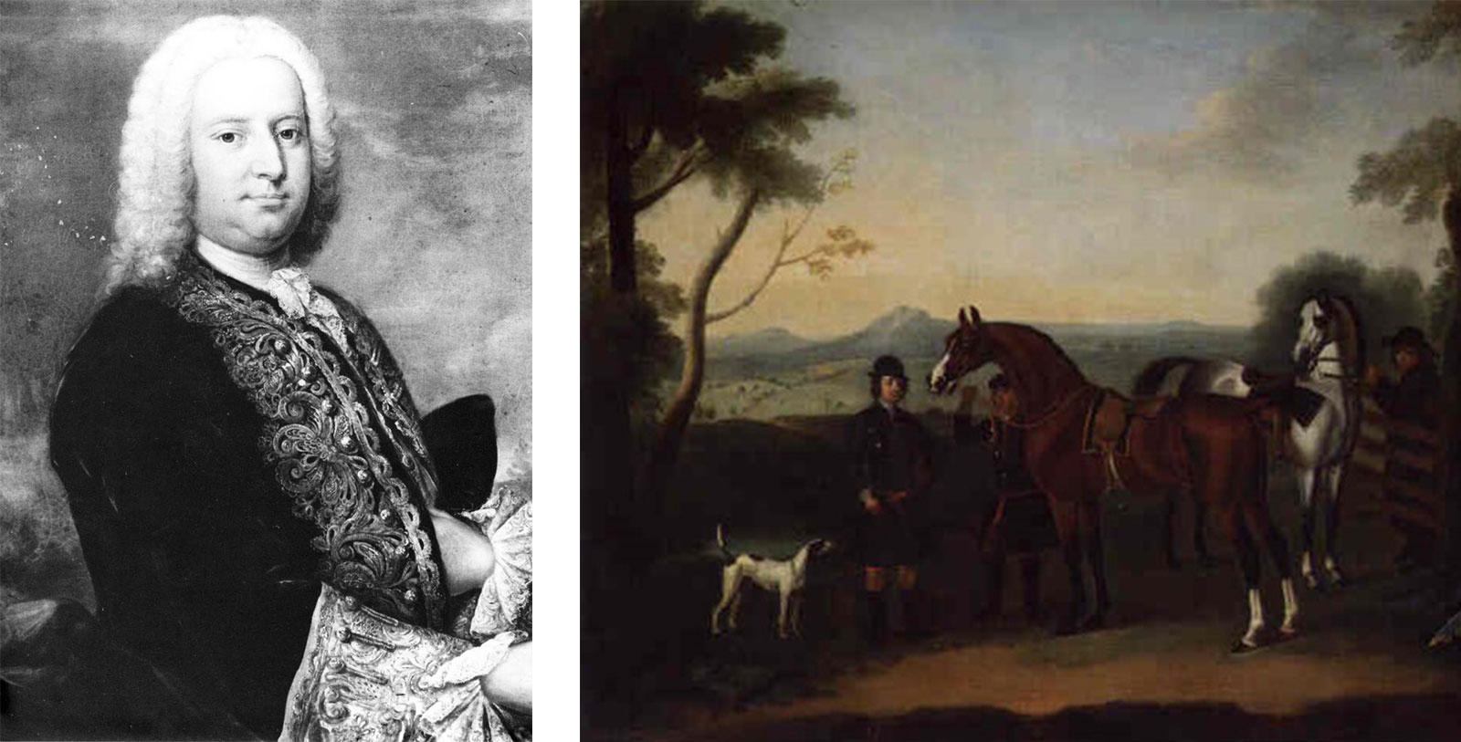 a woman in a dress and a painting of a man and a horse