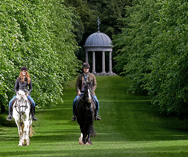 a man and woman riding horses on a grassy path