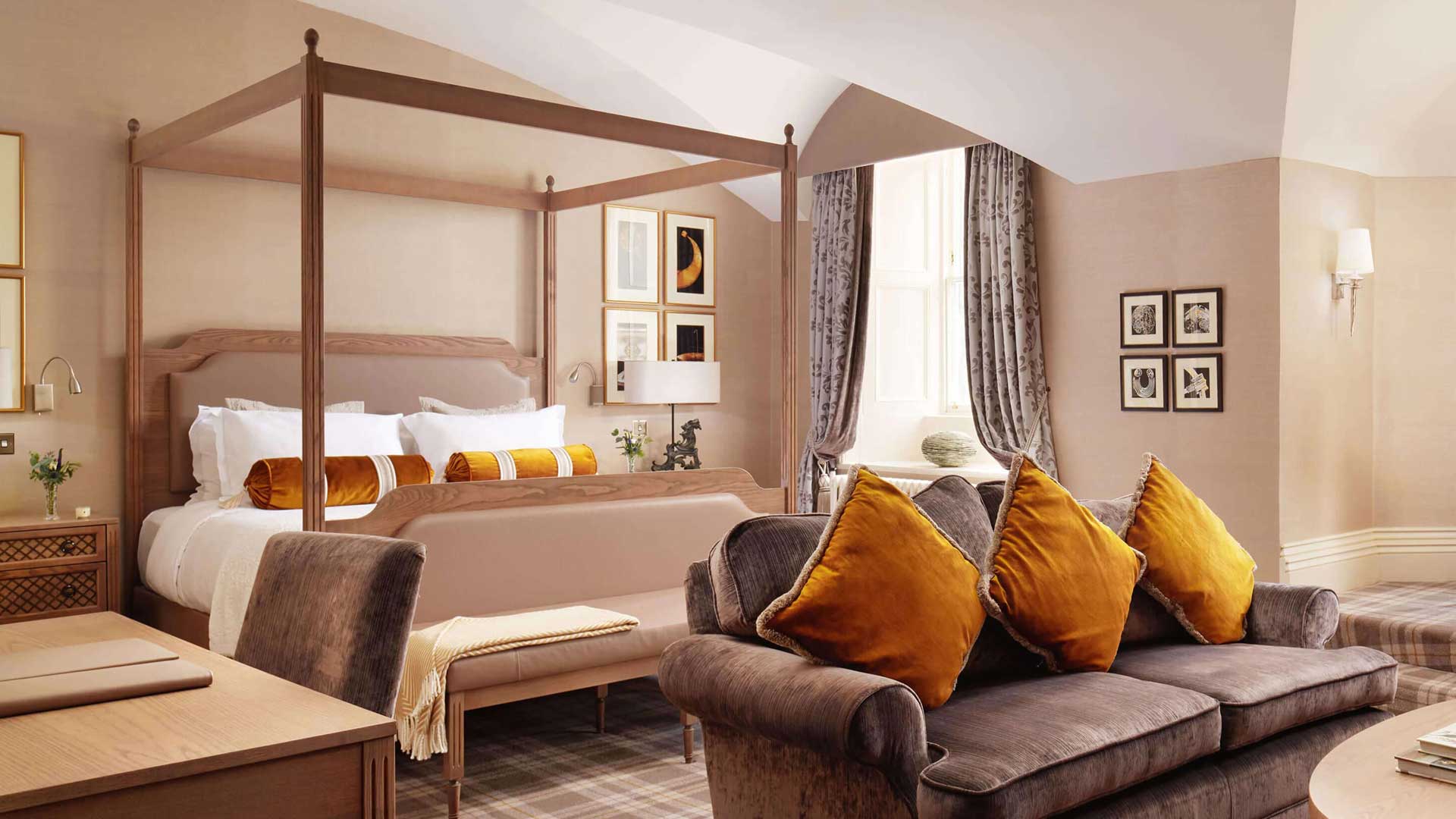 a room with a bed and couch