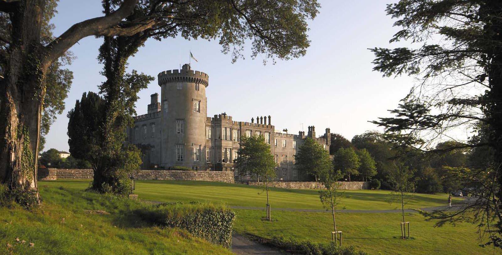 a castle with a large round tower