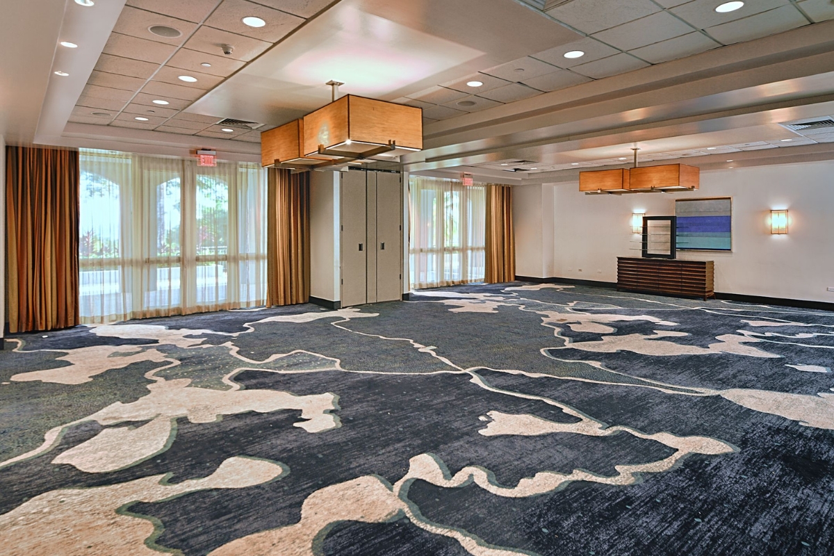 a room with a blue and white carpet
