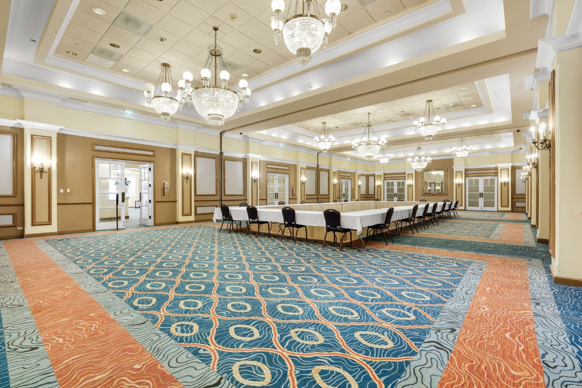a large room with tables and chairs