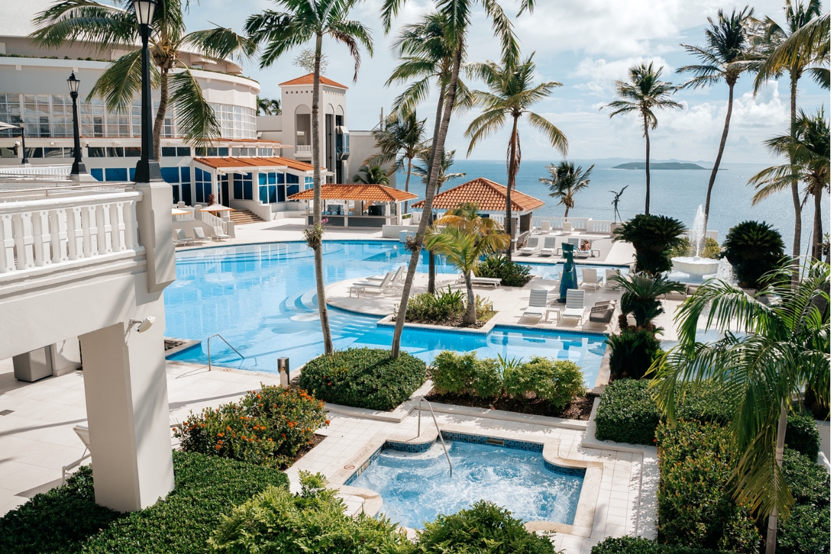 a swimming pool with palm trees and a building with a body of water