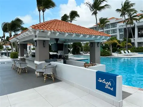 a pool with a bar and chairs