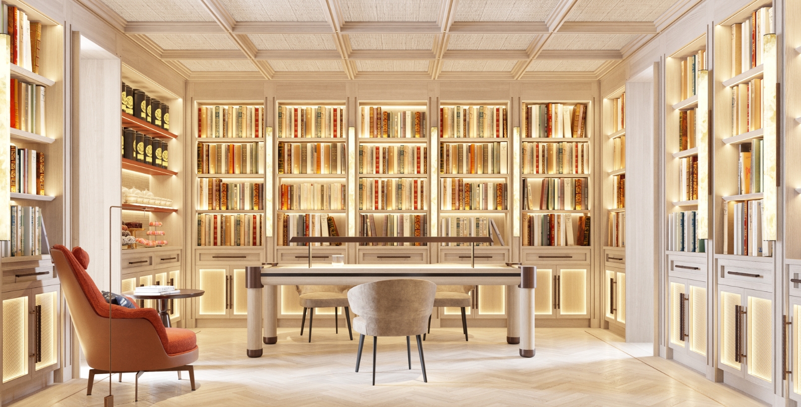 a room with a table and chairs and bookshelves