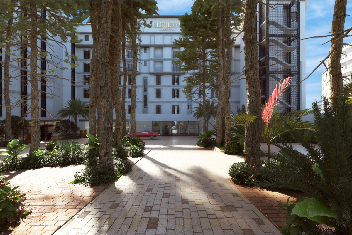 a building with trees and plants
