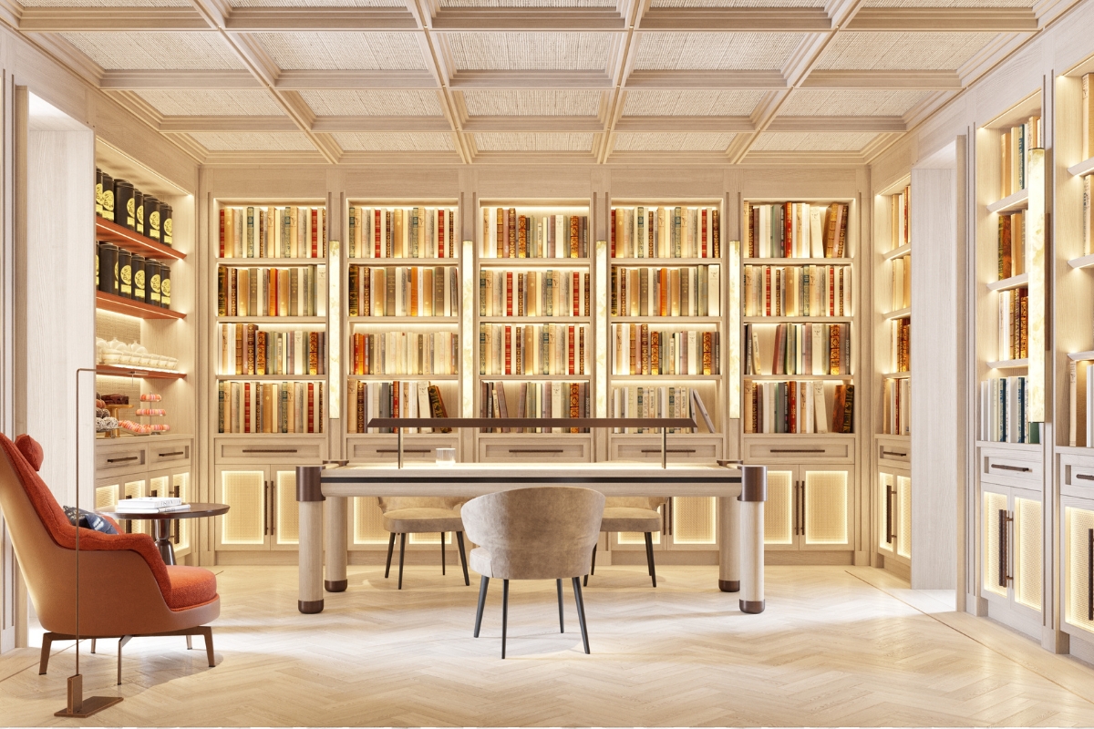 a room with a table and chairs and bookshelves