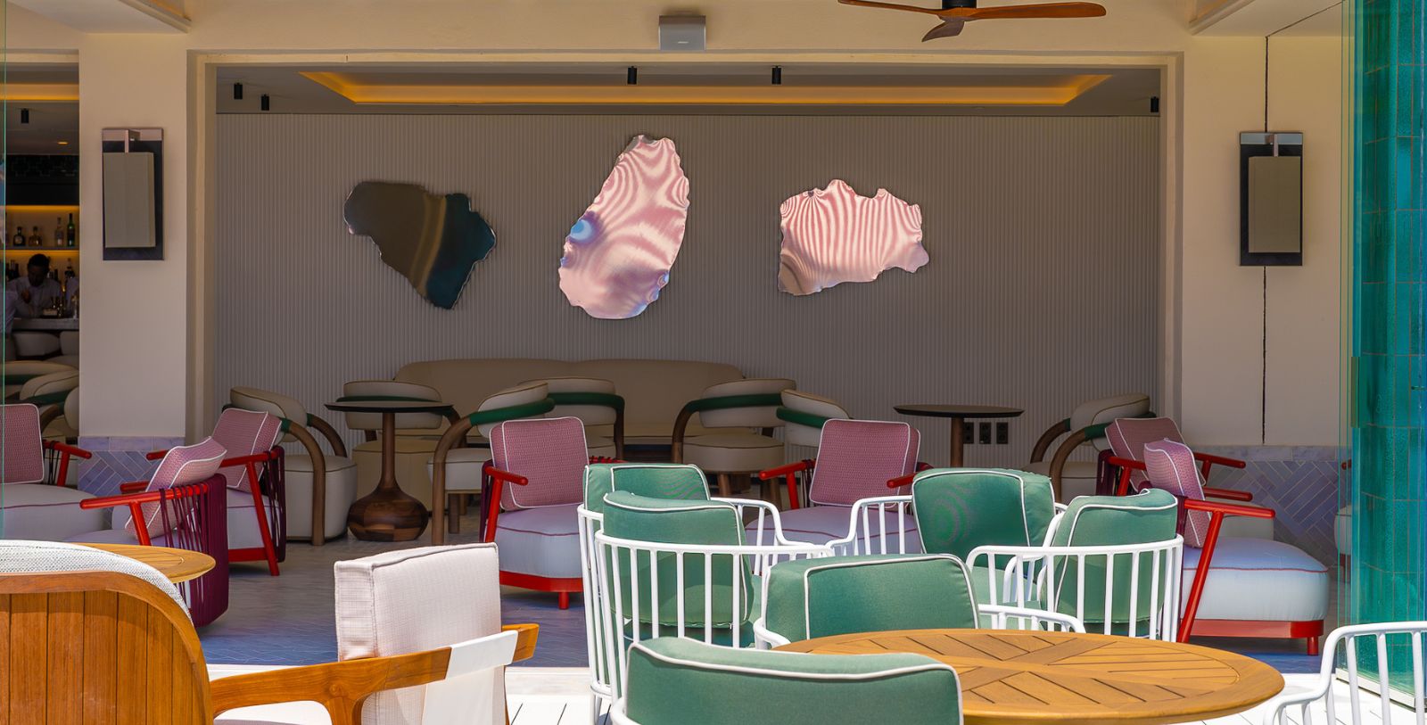 a room with chairs and tables