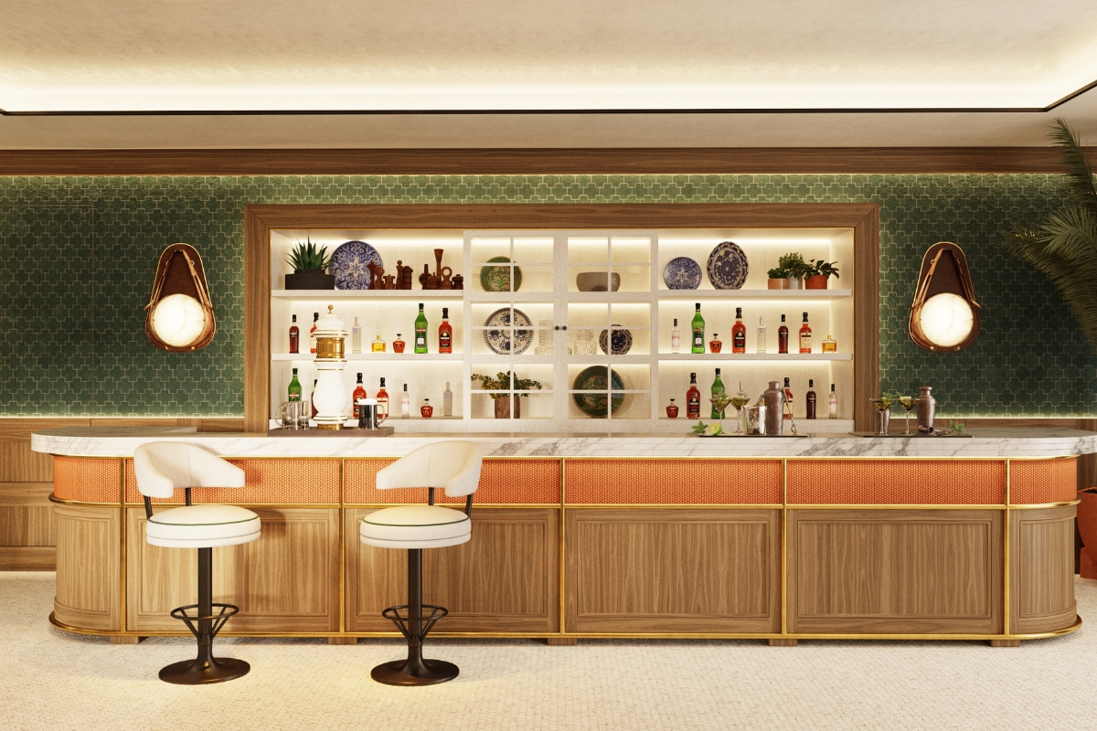 a bar with white chairs and shelves with plates and dishes