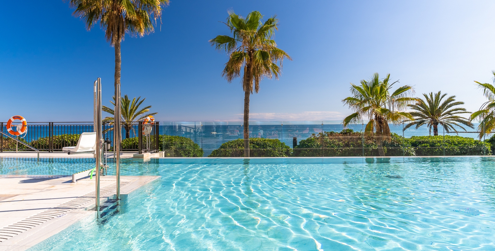 a pool with palm trees and a fence