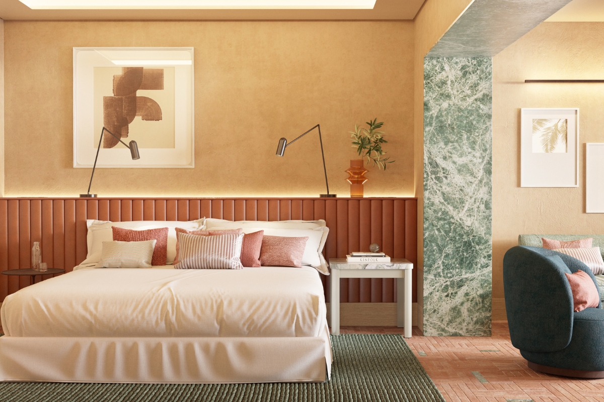 a bedroom with a bed and a marble column