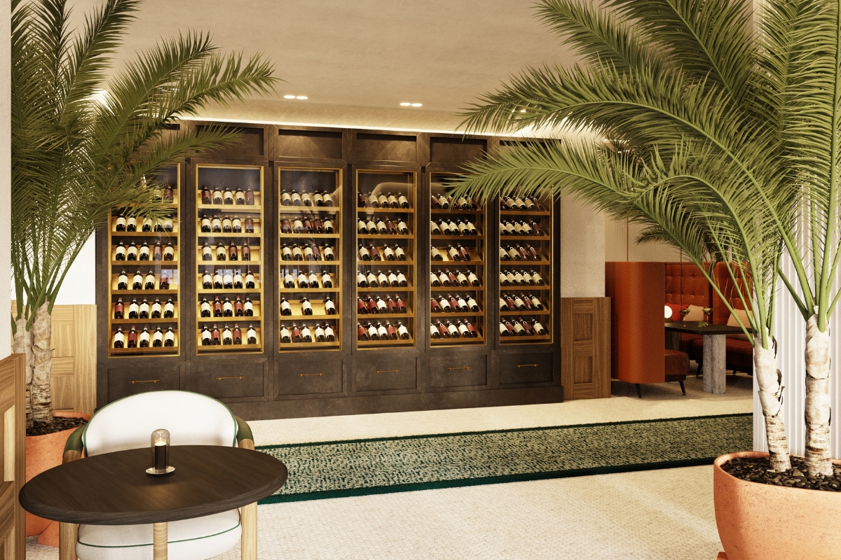a room with a wine cabinet and palm trees