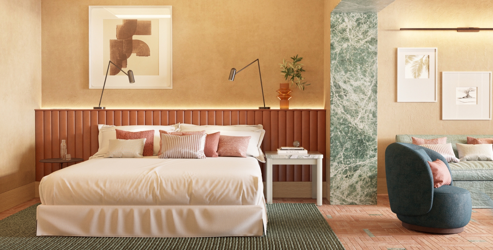 a bed with pillows and a green rug in a room