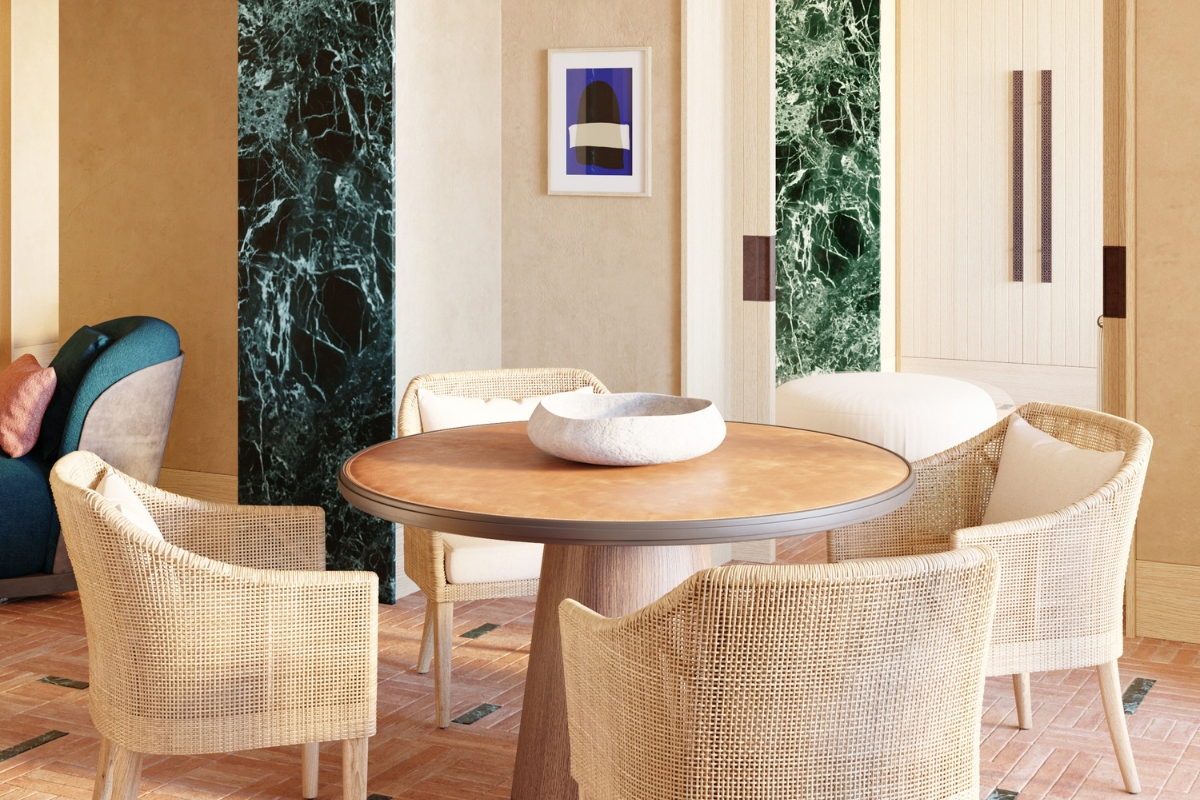 a table and chairs in a room