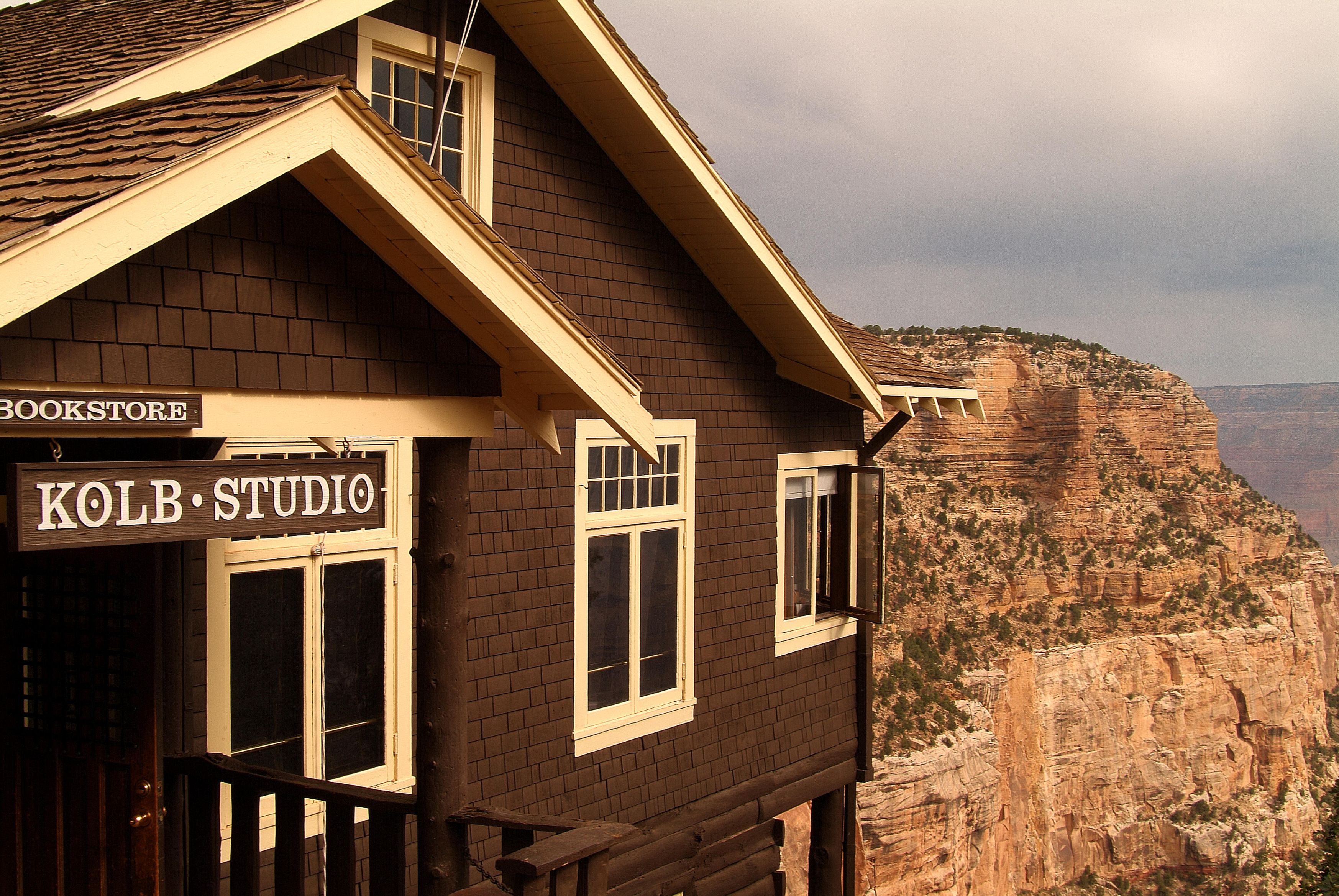 a building with a canyon in the background