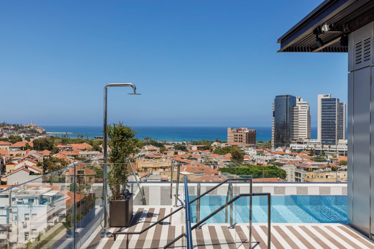a rooftop pool with a city in the background