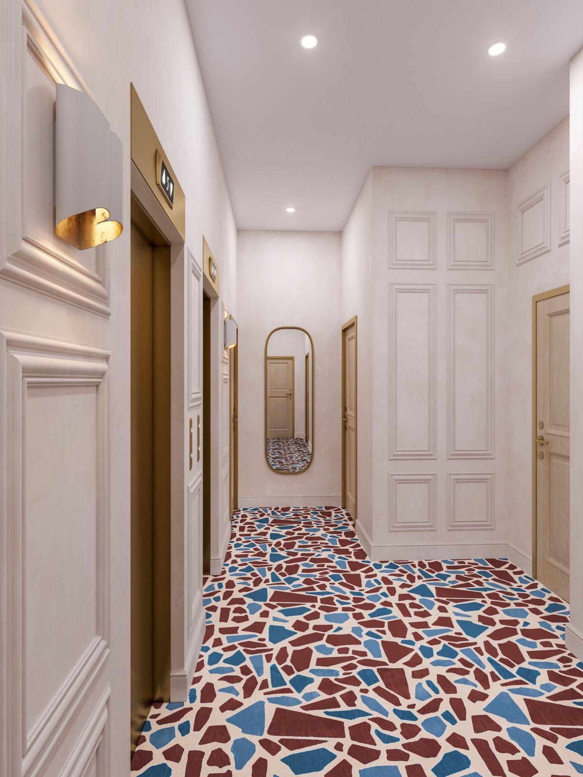 a hallway with doors and mirrors