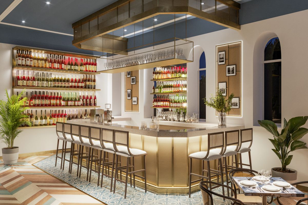 a bar with a shelf of wine bottles