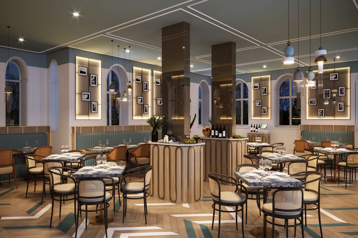 a restaurant with tables and chairs
