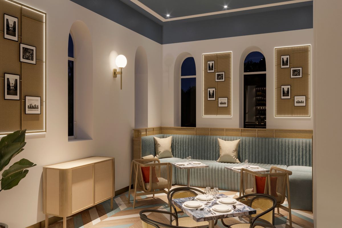 a room with a couch and tables