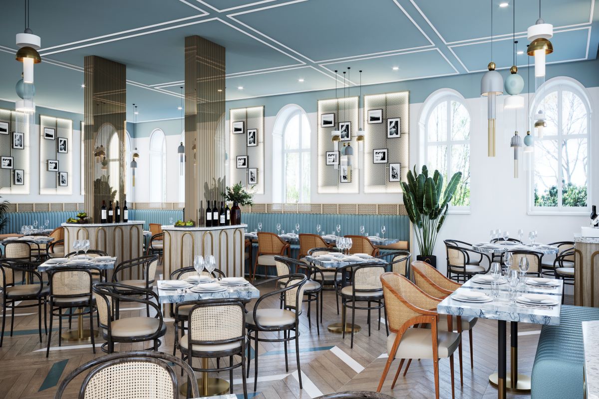 a restaurant with tables and chairs