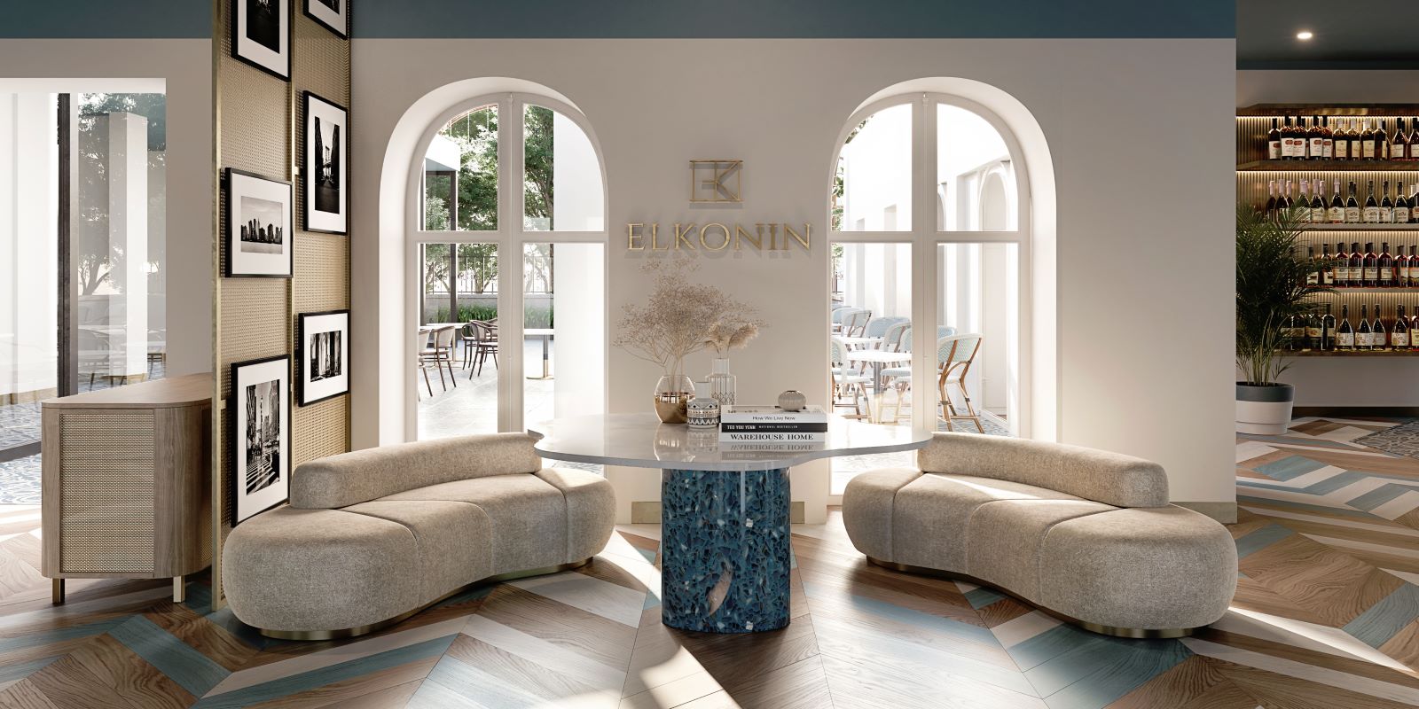 a room with a round table and chairs