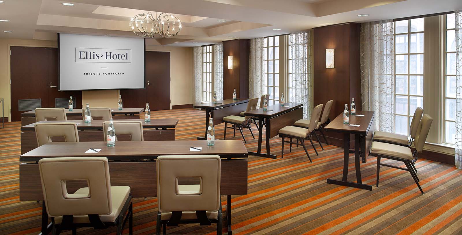 a room with tables and chairs
