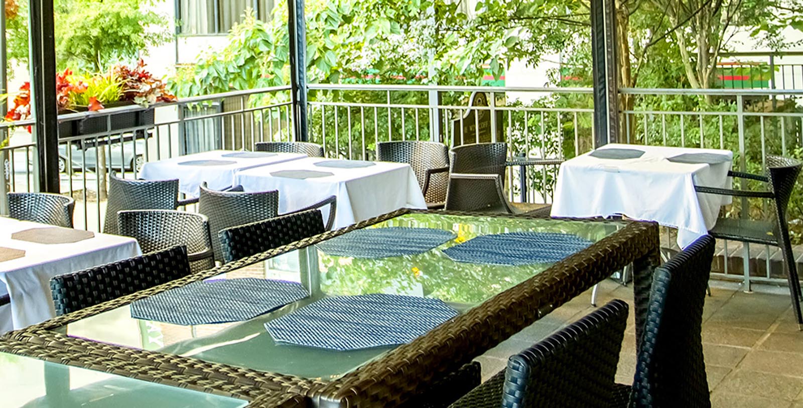 a table and chairs on a patio
