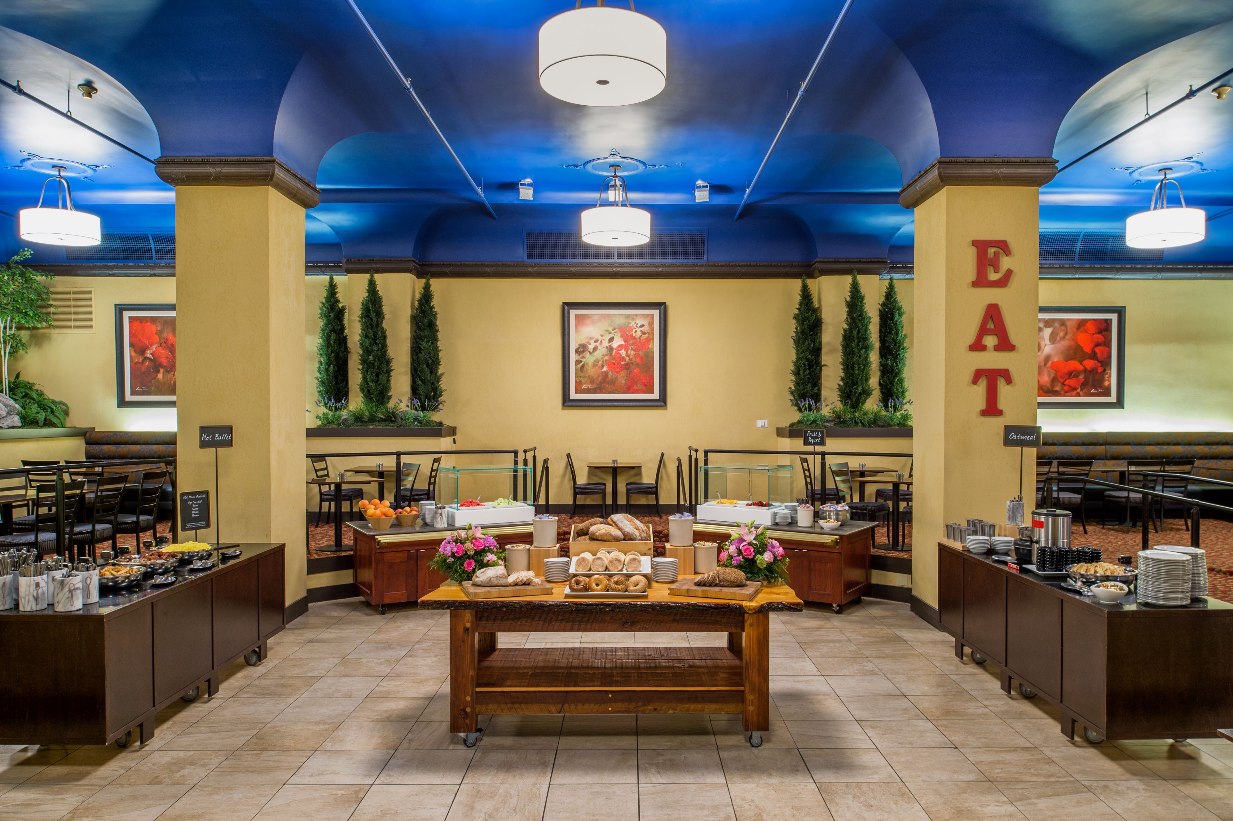 a buffet table with food on it