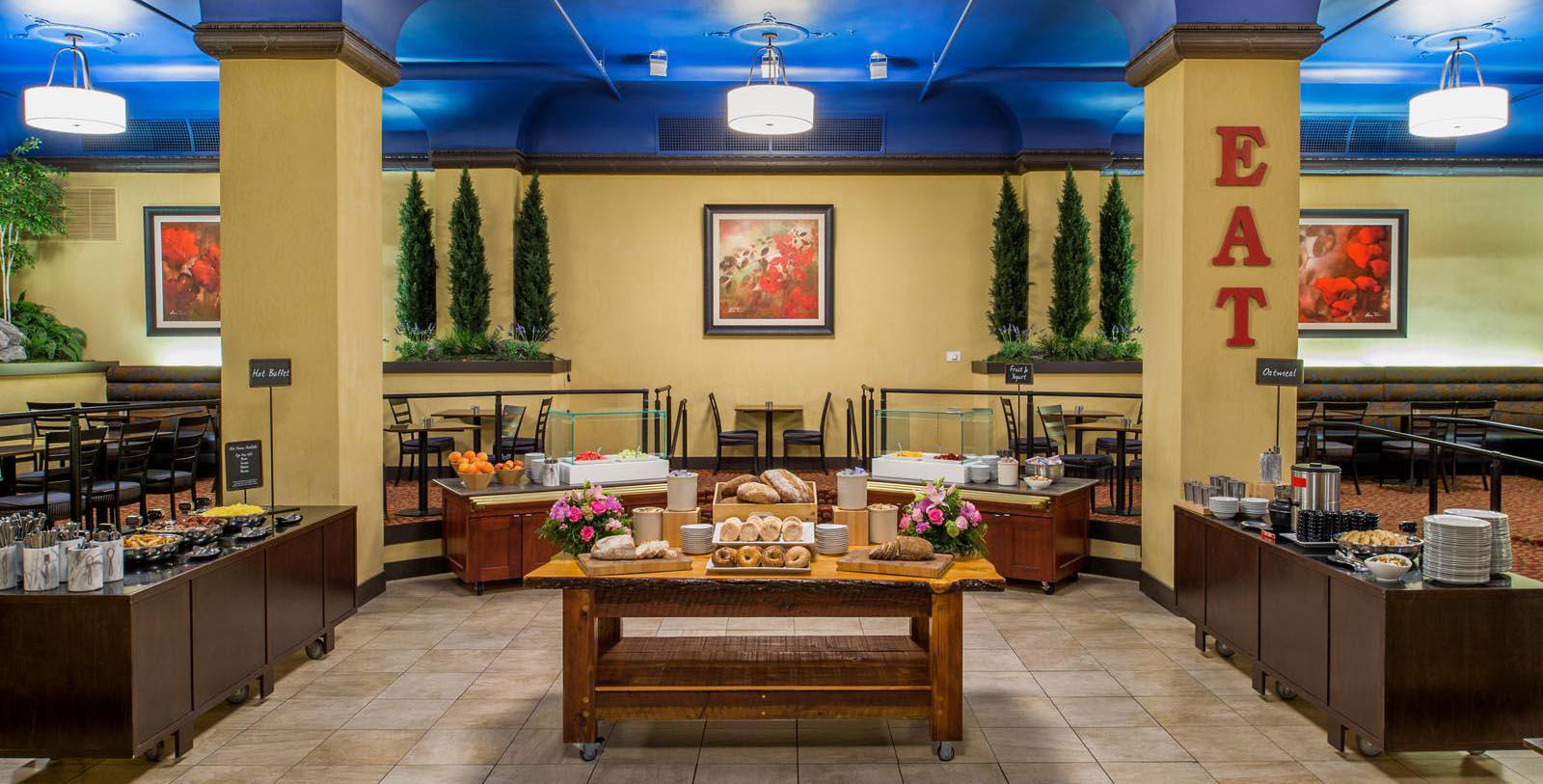a buffet table with food on it