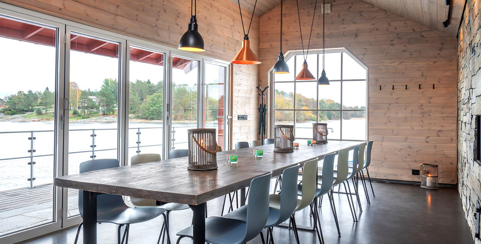 a room with a table and chairs