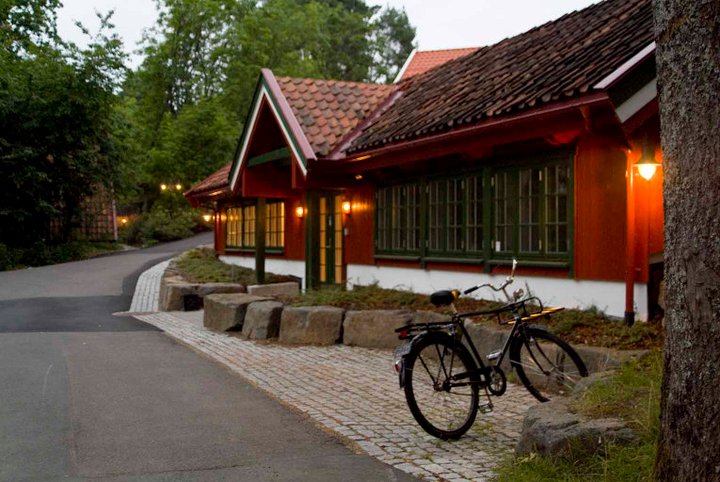a bicycle parked outside of a building