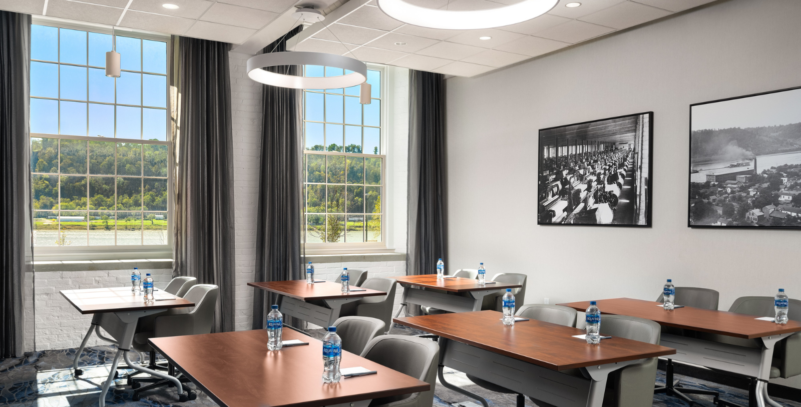 a room with tables and chairs