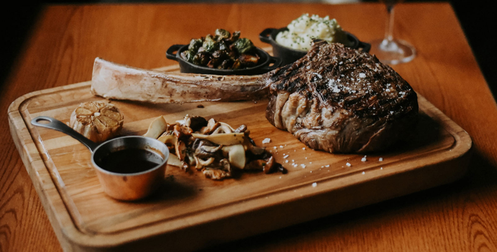 a steak on a wooden board