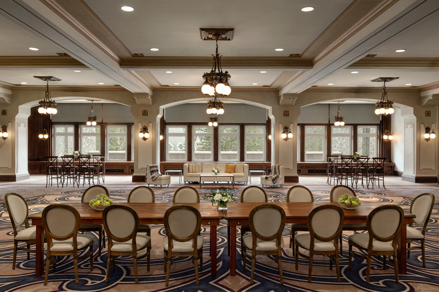 a large room with tables and chairs