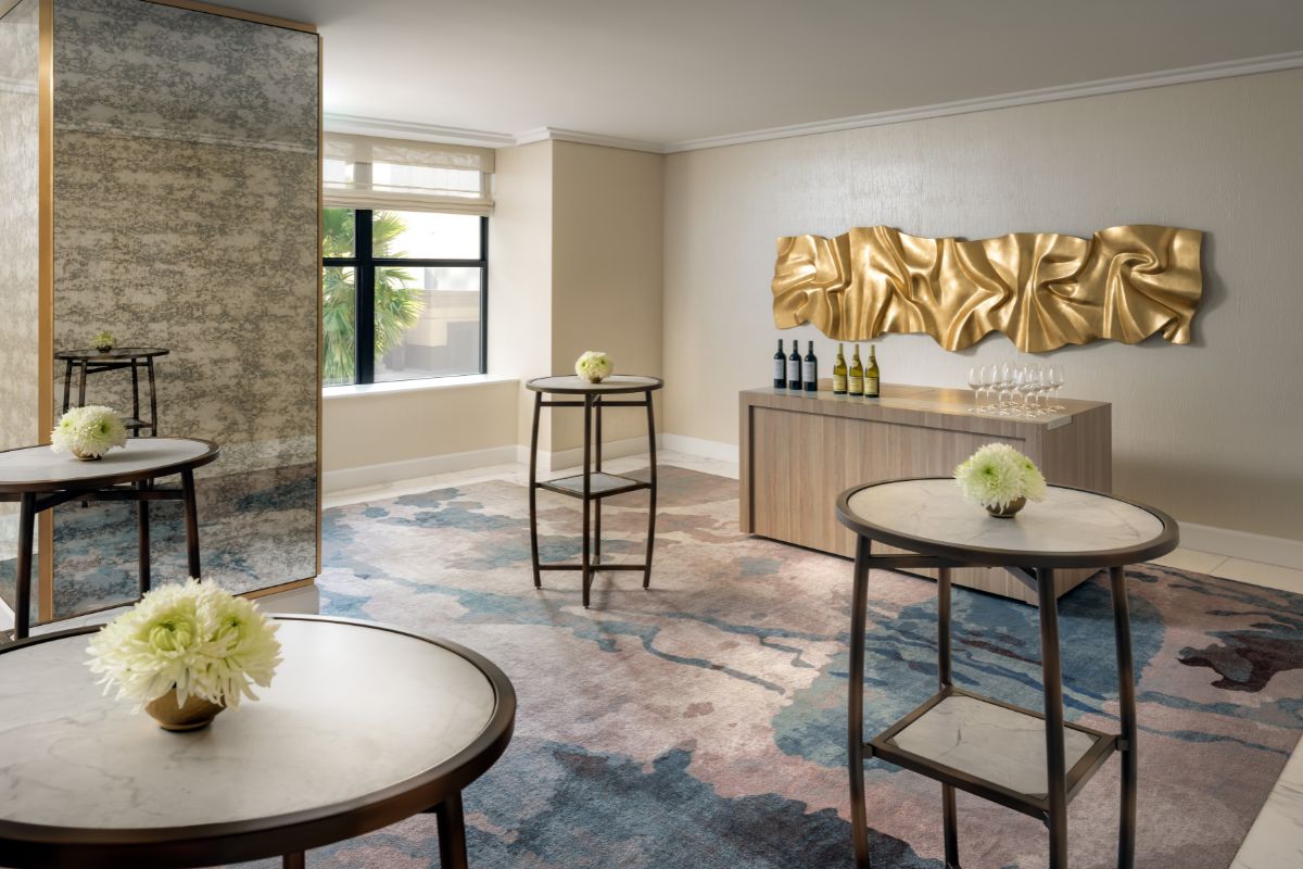 a room with tables and chairs