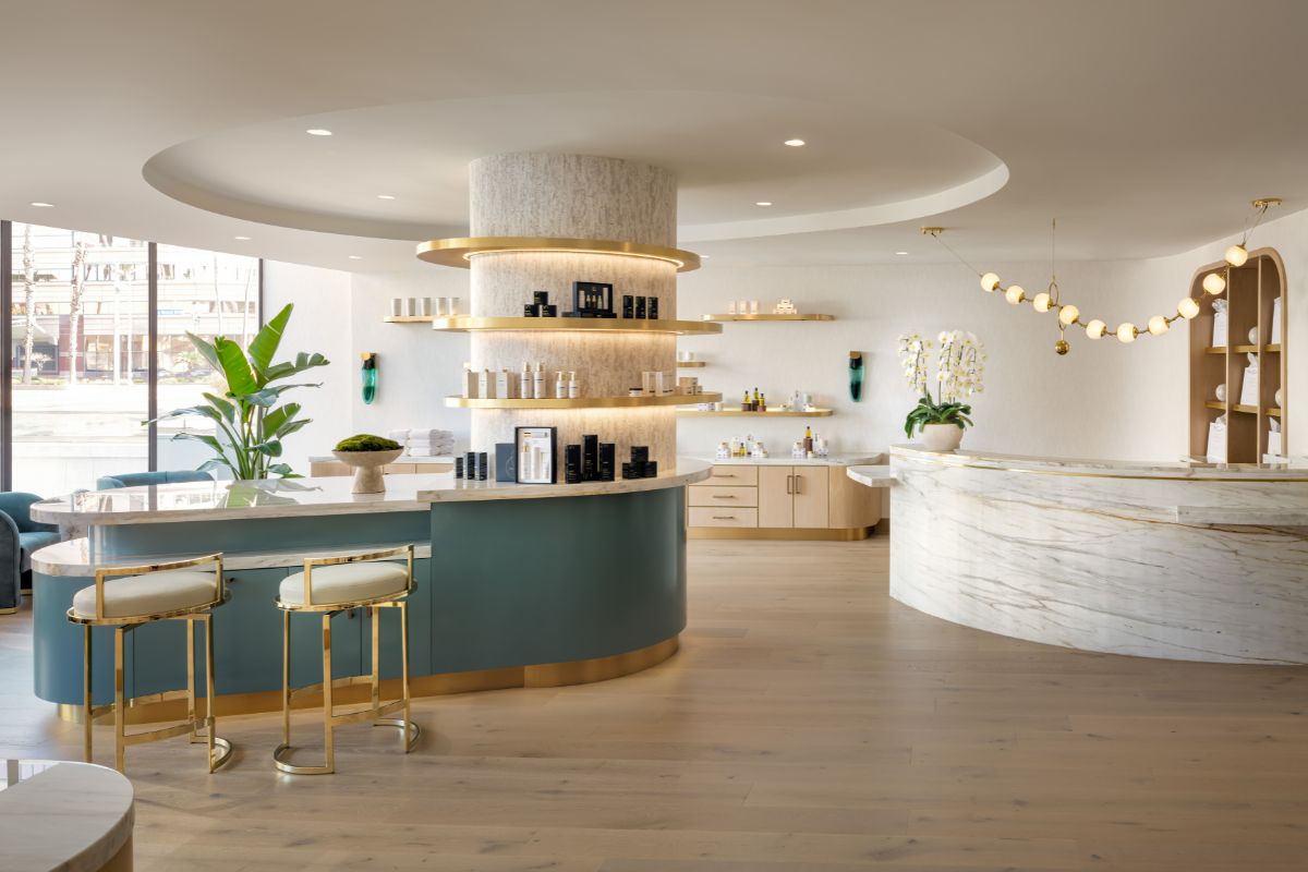 a room with a counter and stools