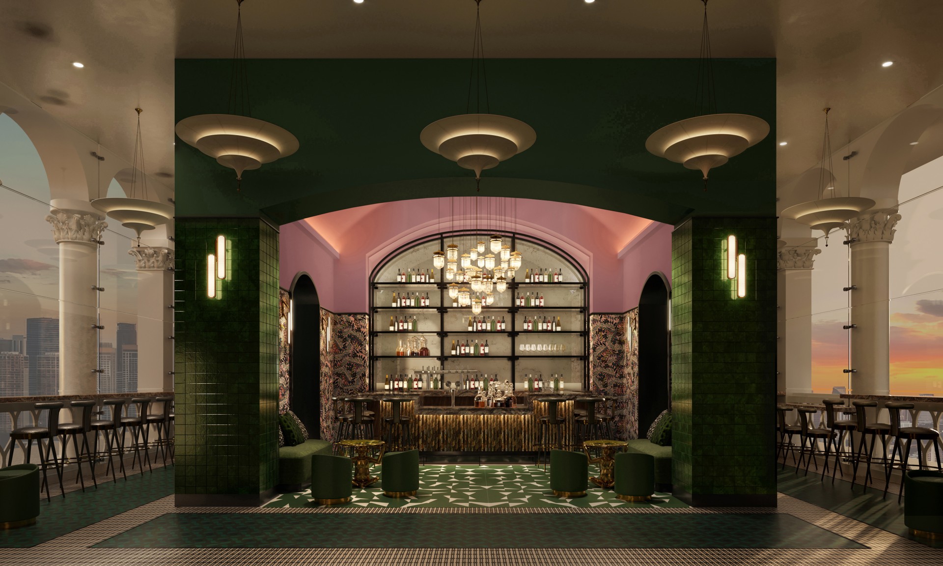 a room with a bar and green walls