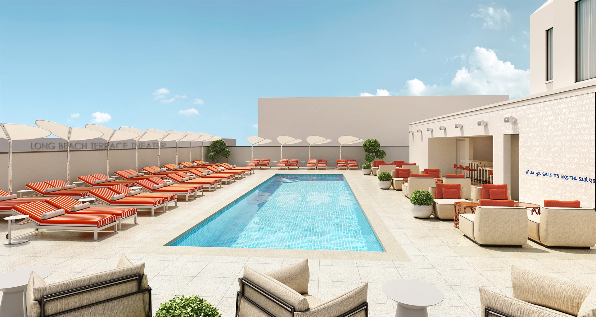 a pool with chairs and umbrellas