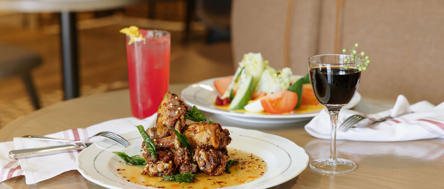 a plate of food and a drink