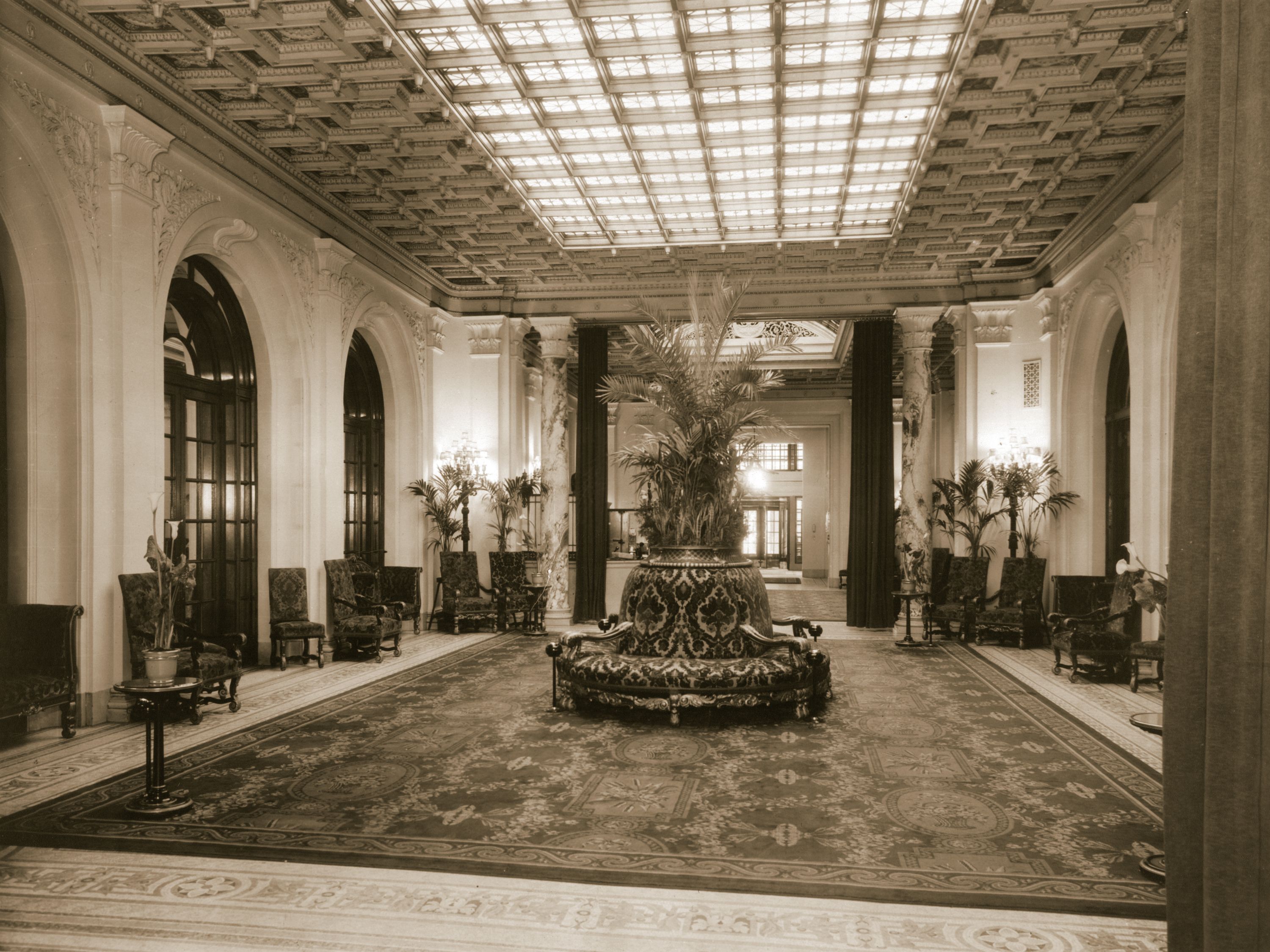 a large room with a large planter