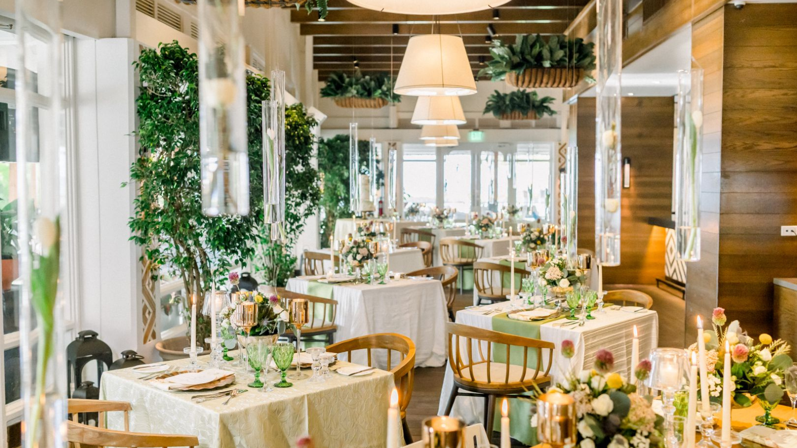 a room with tables and chairs