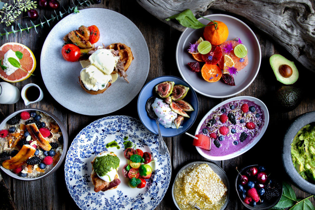 a table with plates of food