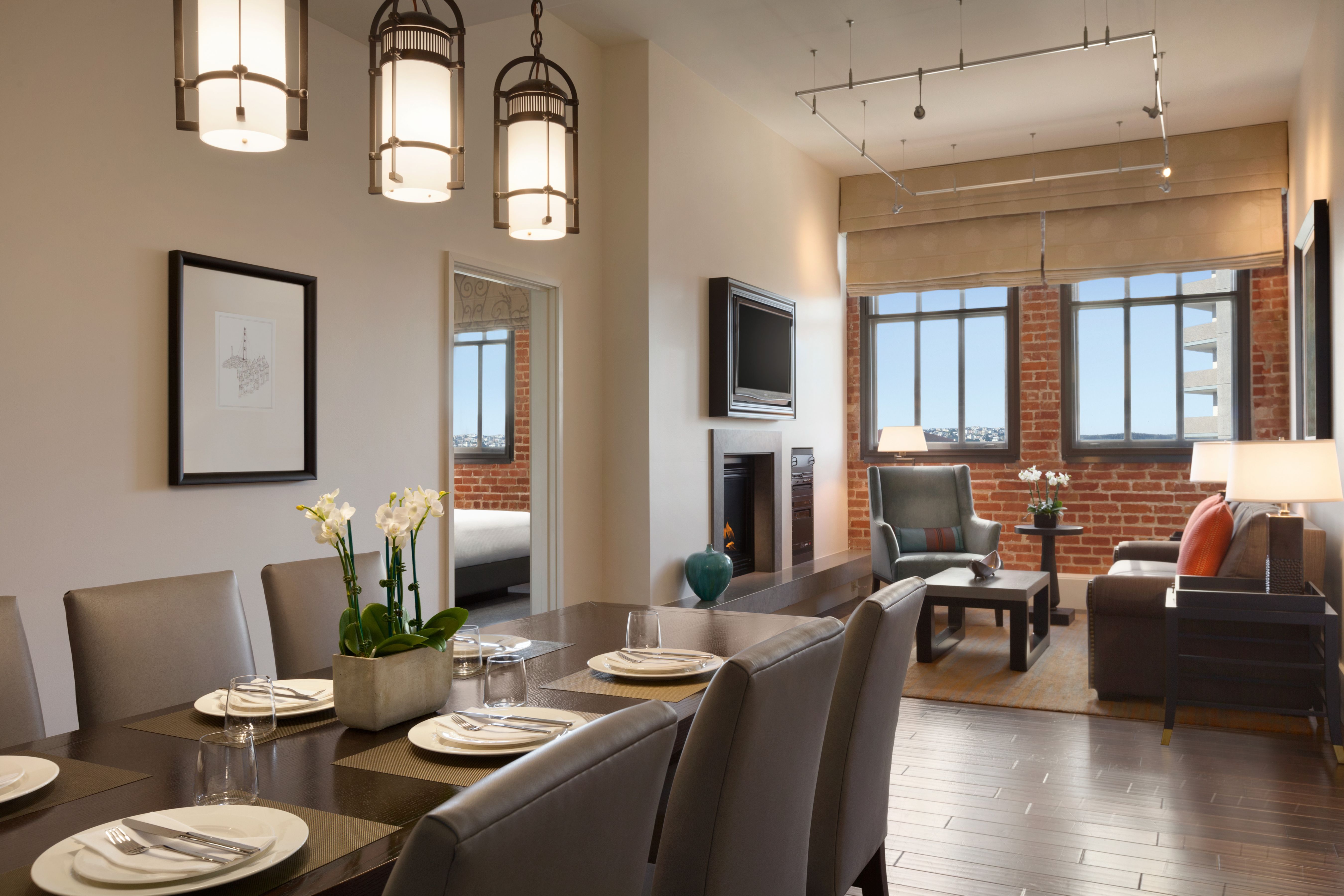a dining table in a room