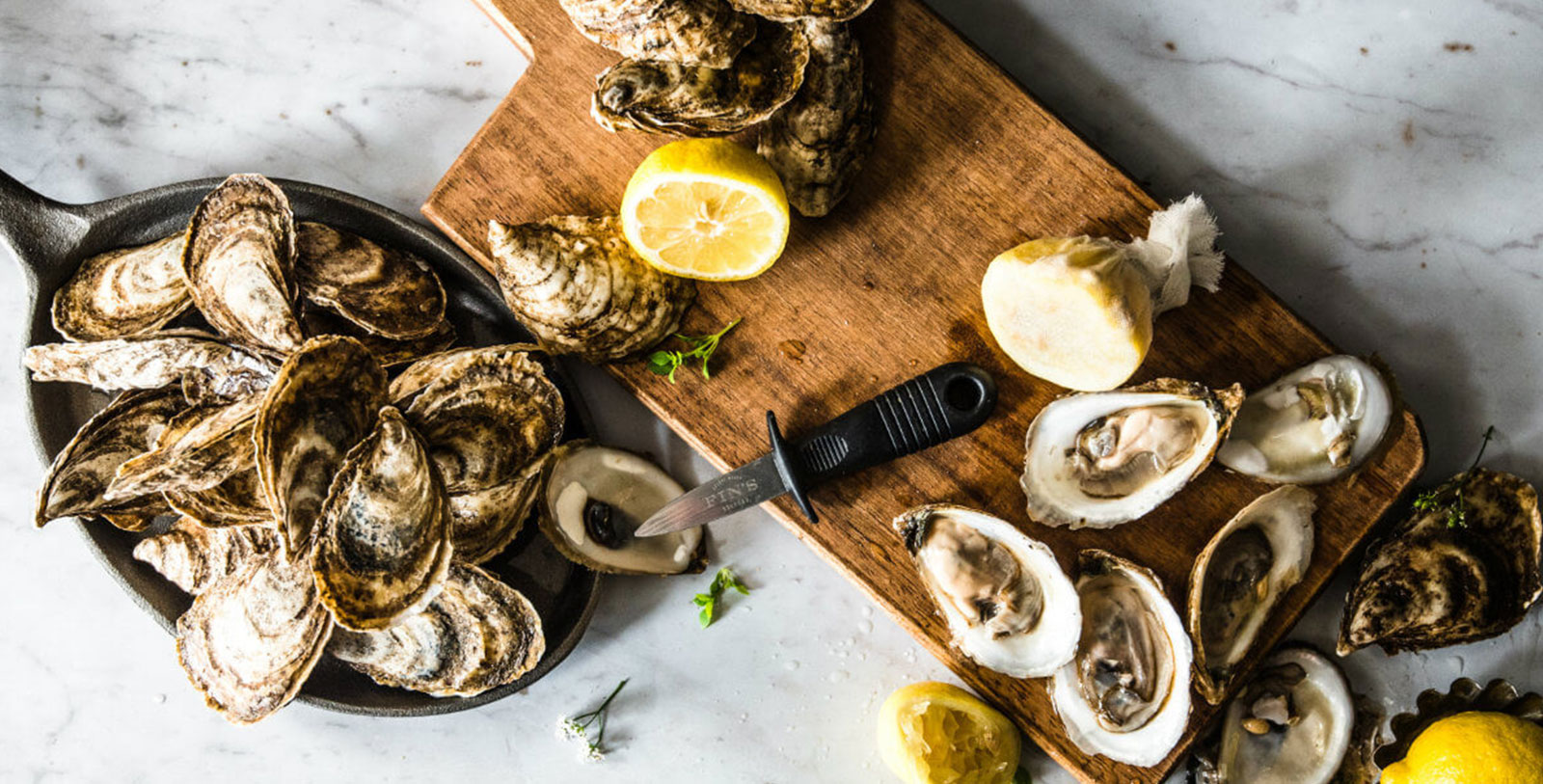 a plate of oysters and lemons