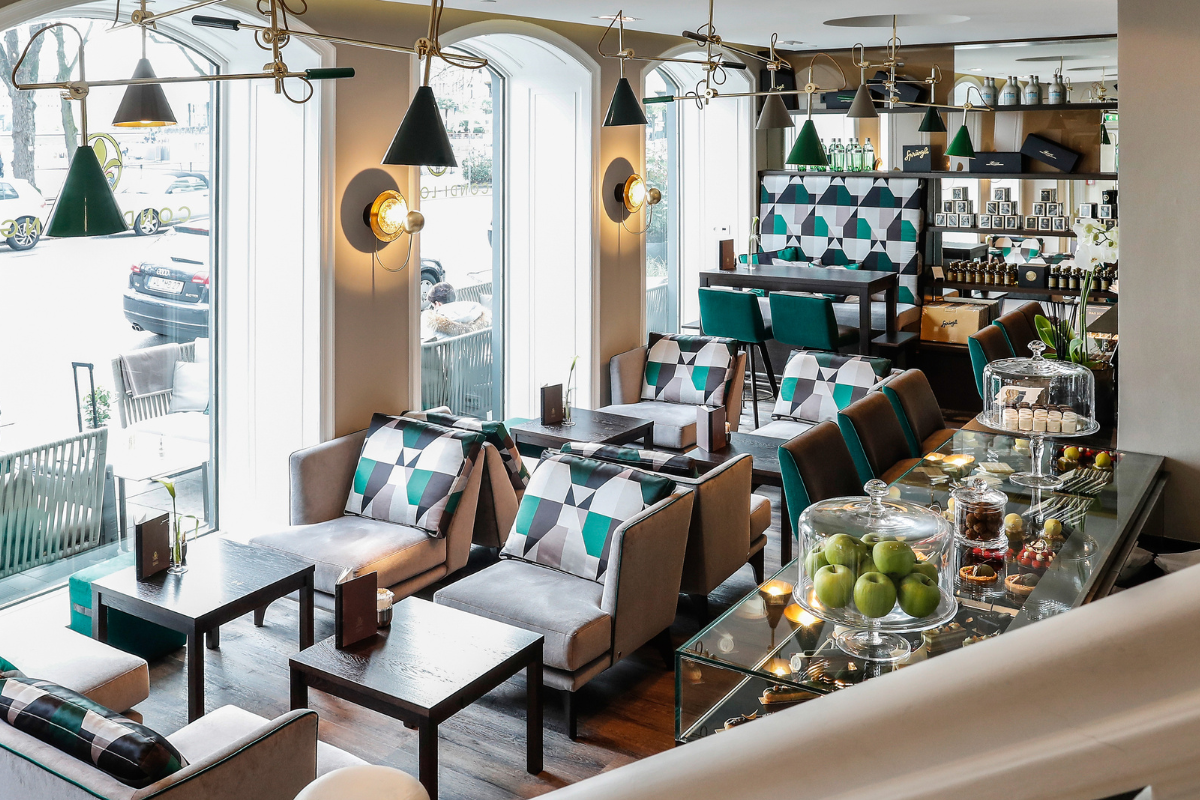 a room with tables and chairs