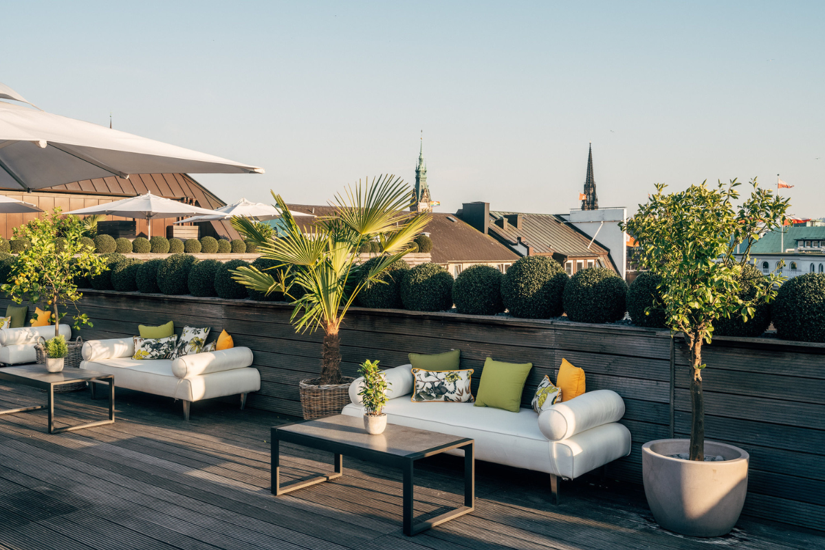 a couches and tables on a deck