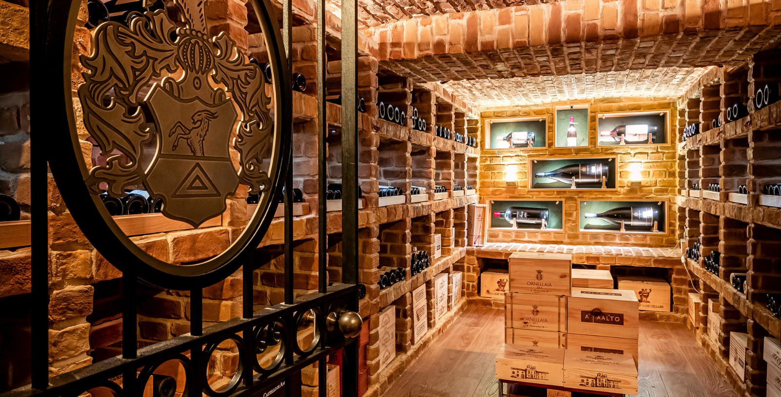 a wine cellar with wine bottles and boxes